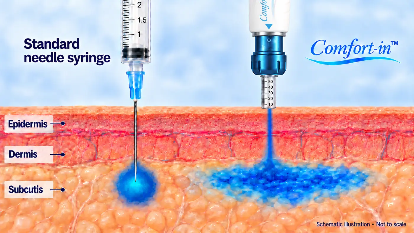 A standard needle leaves a pool in the subcutis. Comfort-in spreads the dose through the skin layers.